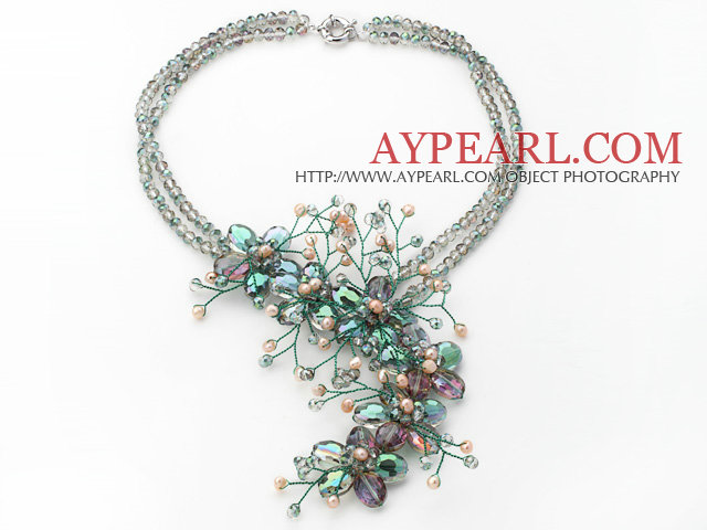 2013 Summer New Design Green Crystal and Pink Freshwater Pearl Flower Necklace