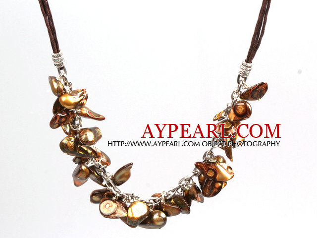 New Arrival Golden Brown Color Teeth Shape Pearl Necklace with Lobster Clasp