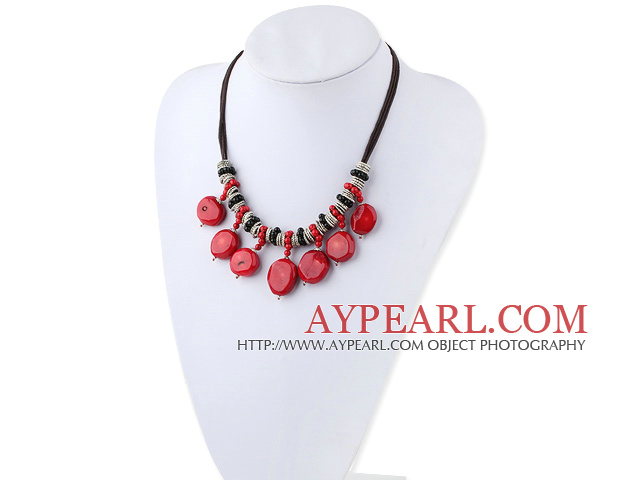 Assorted Red Coral and Black Agate Necklace with Black Thread