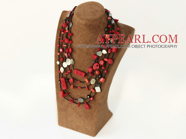 multi strand red coral and black lip shell necklace with slide clasp