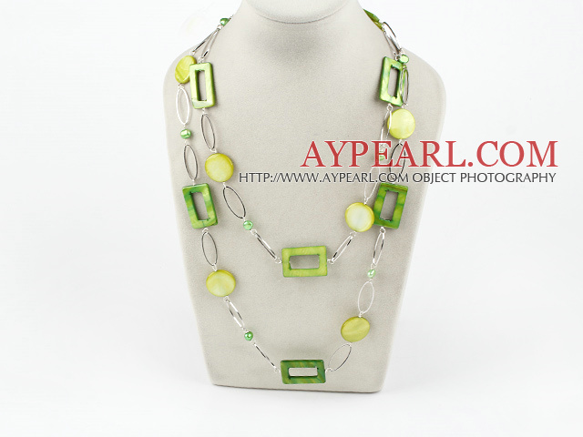 fashion long style party jewelry green shell necklace with big metal loops