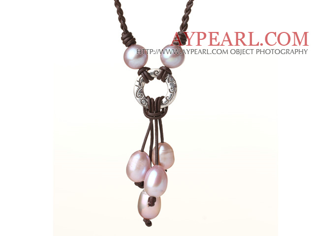 Collier avec pendentif Fashion Style Naturel pourpre d'eau douce en cuir perle tricoté à la main