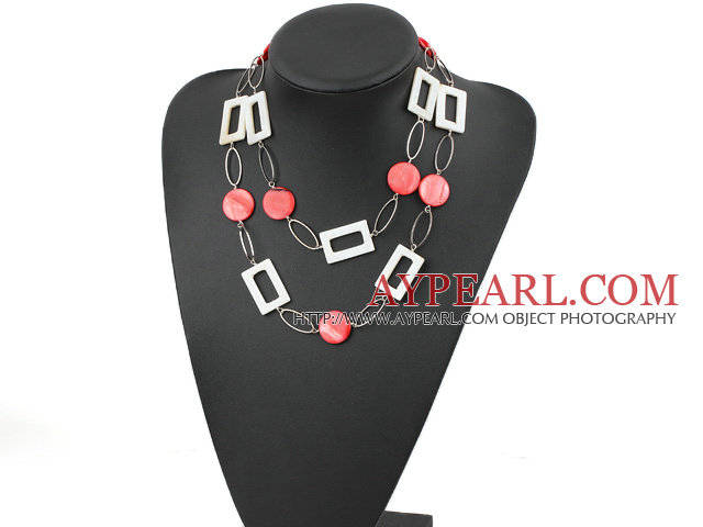 fashion long style white and red shell necklace with big matel loops