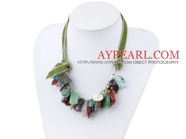 Assorted Multi Color Multi Stone Necklace with Green Ribbon