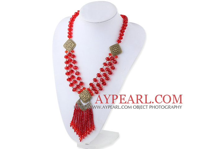 Fashion Style Red Crystal Tassel Necklace with Bronze Accessories