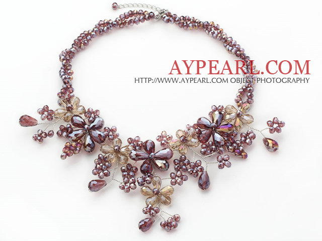 2013 Summer New Design Assorted Medium Purple and Champagne Color Crystal Flower Party Necklace