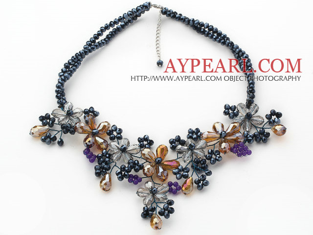 Black Series Black Crystal and Gray and Yellow Color Crystal Flower Necklace