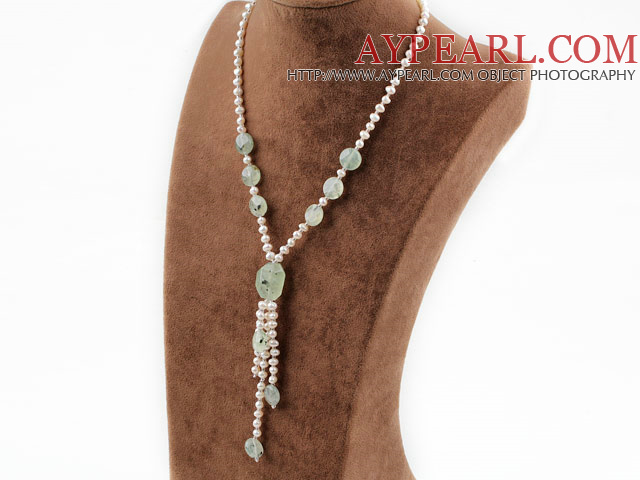 white pearl and green rutilated quartz Y shaped necklace