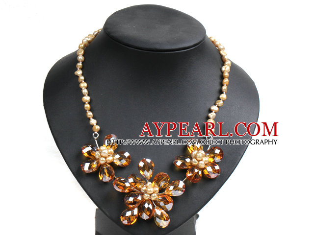 Gorgeous Party Style Yellow Natural Freshwater Pearl Orange Crystal Flower Bib Necklace