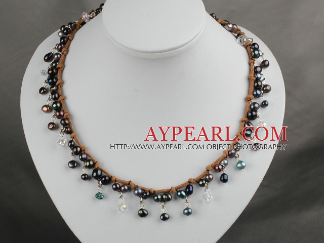Black Pearl and Clear Crystal Necklace with Brown Cord