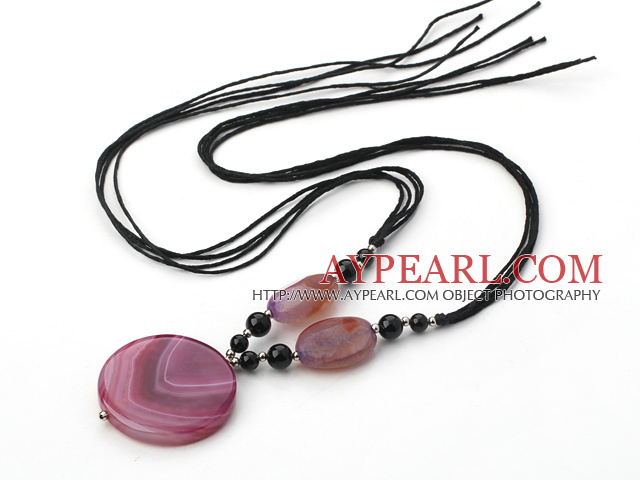 Elegant Black And Purple Agate Pendant Necklace With Black Cords