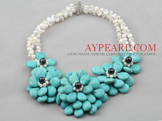 Big Style White Freshwater Pearl and Big Turquoise Flower Party Necklace