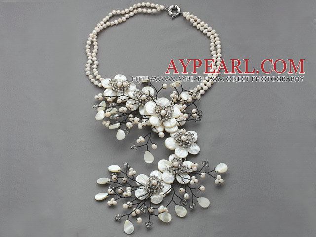 2013 Summer New Design White Series White Freshwater Pearl Crystal and Shell Flower Necklace