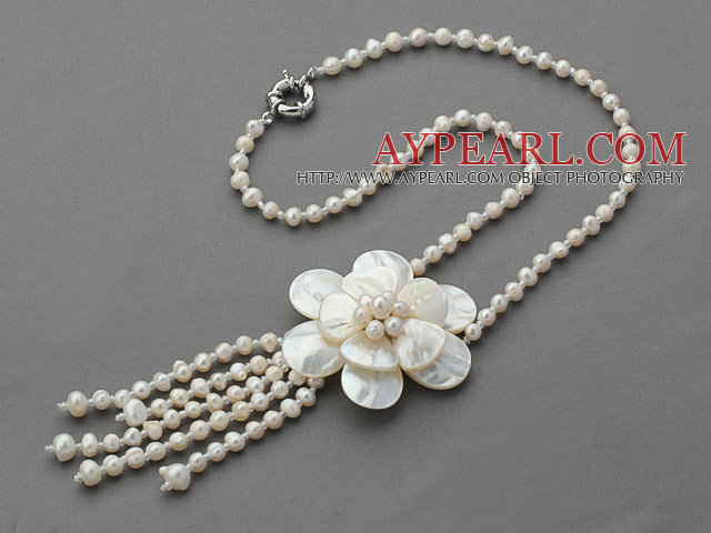 2013 Summer New Design White Freshwater Pearl and Shell Flower Tassel Necklace