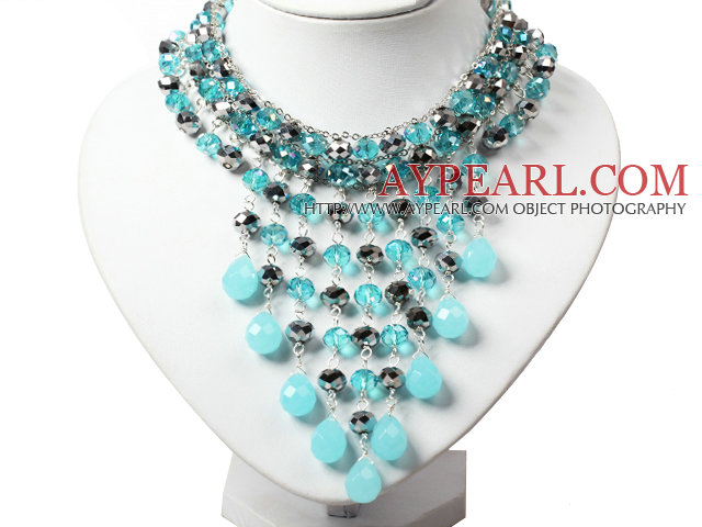 Amazing albastru si gri Teardrop Crystal Tassel Partidul colier 