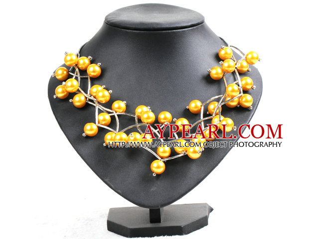 Trendy Style Multi Strand Bright Yellow Seashell Beads Twisted Necklace With Bending Alloyed Tube