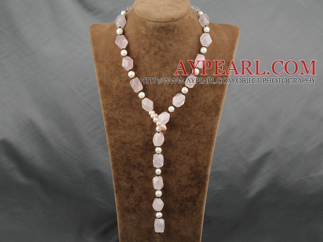 25.5 inches pearl and rose quartz Y shaped necklace
