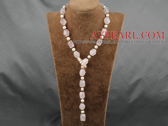 25.5 inches pearl and rose quartz Y shaped necklace