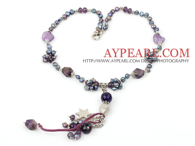 Fashion Multi Freshwater Pearl And Amethyst Metal Charm Pendant Necklace 