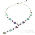 crystal and rainbow fluorite Y shaped necklace with lobster clasp