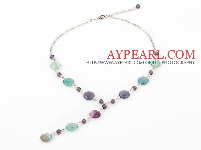 crystal and rainbow fluorite Y shaped necklace with lobster clasp