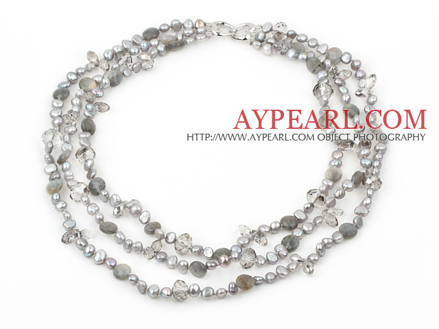 Three Strand Flashing Stone and Gray Pearl Crystal Necklace