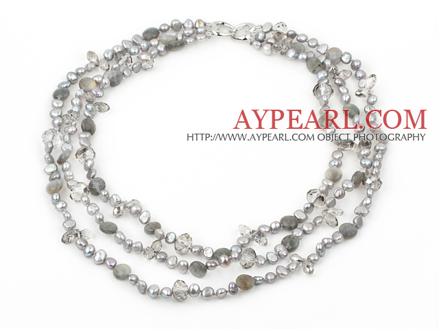 Trei Strand intermitent Stone si Crystal Pearl Gray colier