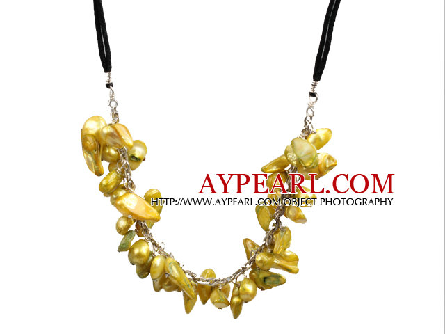 New Arrival Golden Yellow Color Teeth Shape Pearl Necklace with Lobster Clasp