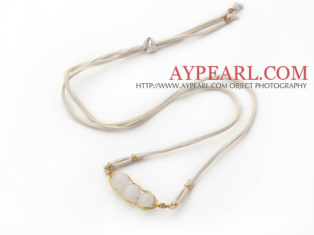 Vit Series Wire Wrapped vit jade halsband Pea hänge med vitt läder