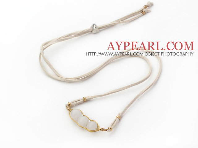 White Series Wire Wrapped White Jade Pea Pendant Necklace with White Leather