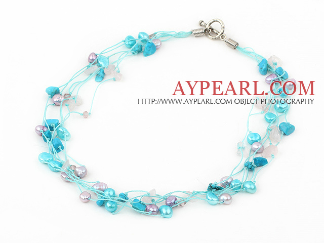 multi strand white pearl crystal and turquoise necklace with toggle clasp