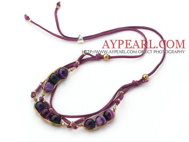 Lila Serie Wire Wrapped Purple Agate Halsband Pea Hänge med lila läder