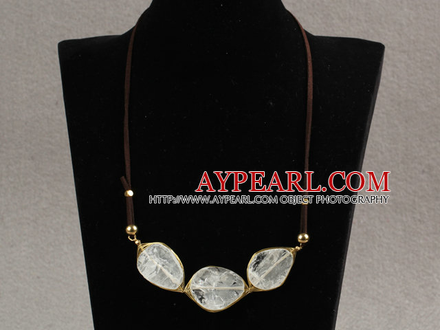 White Series Wire Wrapped Grinding Clear Crystal Pendant Necklace with Brown Leather