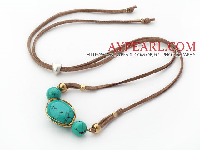 Série verte fil enroulé Collier avec pendentif turquoise vert naturel avec cuir brun