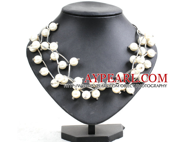 Trendy Style Multi Strand White Seashell Beads Twisted Necklace With Bending Alloyed Tube