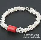 3 strand real white fresh water pearl and coral necklace with moonlight clasp