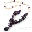 white pearl and natural amethyst necklace with lobster clasp