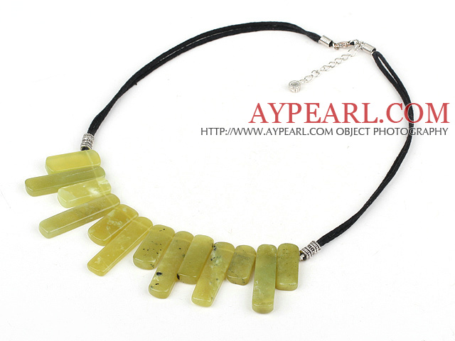 Beautiful Rectangle Shape Yellow Olive Stone Necklace With Black Cords
