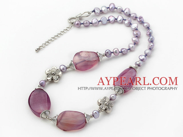 Dark Purple Pearl and Purple Stripe Agate Necklace