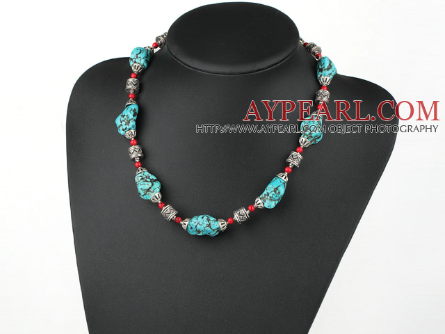 18 inches blue turquoise and red alaqueca necklace with moonlight clasp