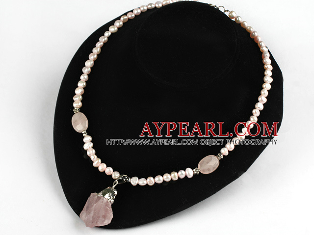 Pink Freshwater Pearl Necklace with Rose Quartz Pendant ( Irregular Shape )
