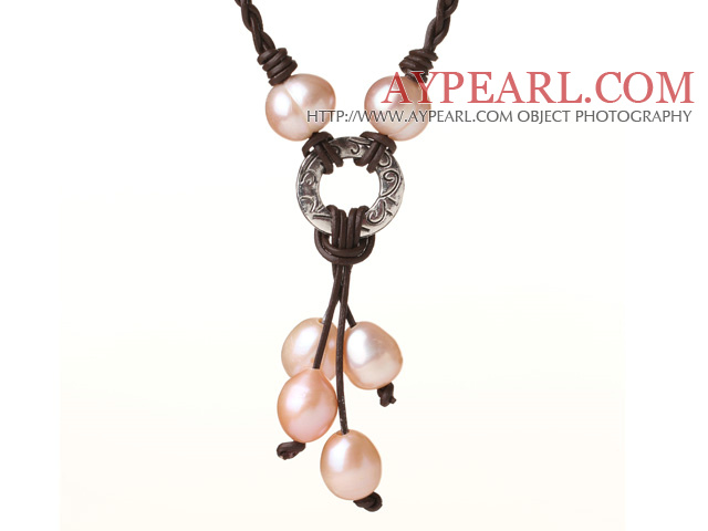 Мода Стиль природных розовый пресной воды Перл ручной вязки кожа ожерелье