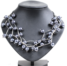 Trendy Style Multi Strand Dark Gray Seashell Beads Twisted Necklace With Bending Alloyed Tube