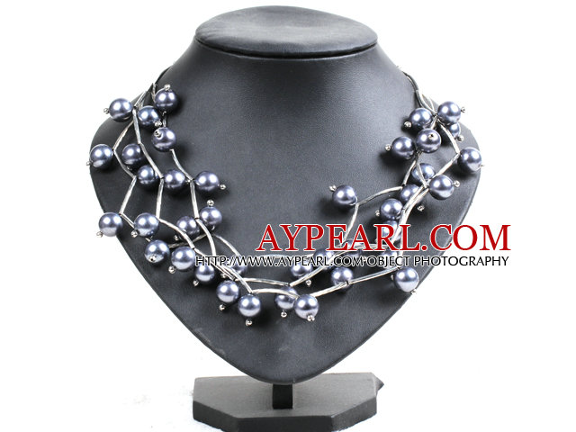 Trendy Style Multi Strand Dark Gray Seashell Beads Twisted Necklace With Bending Alloyed Tube