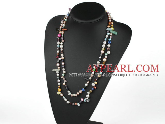fashion long style fresh water pearl and multi color stone necklace