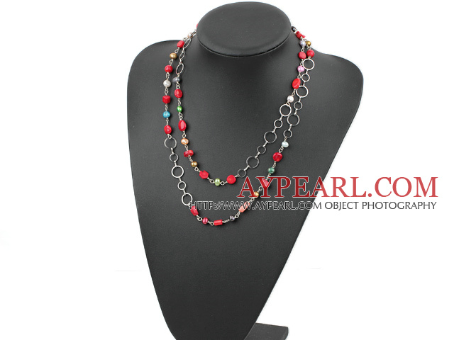 fashion long style pearl and red coral necklace