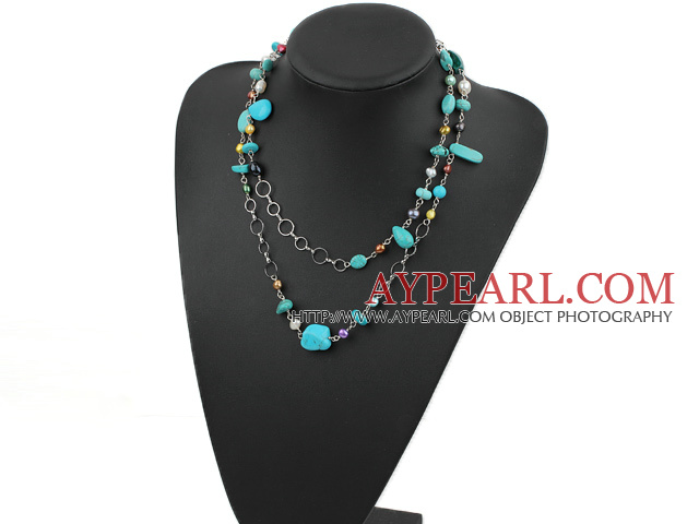 fashion long style pearl and turquoise necklace