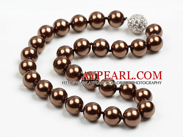 14mm Dark Brown Color Round Sea Shell Beaded Necklace with Magnetic Clasp