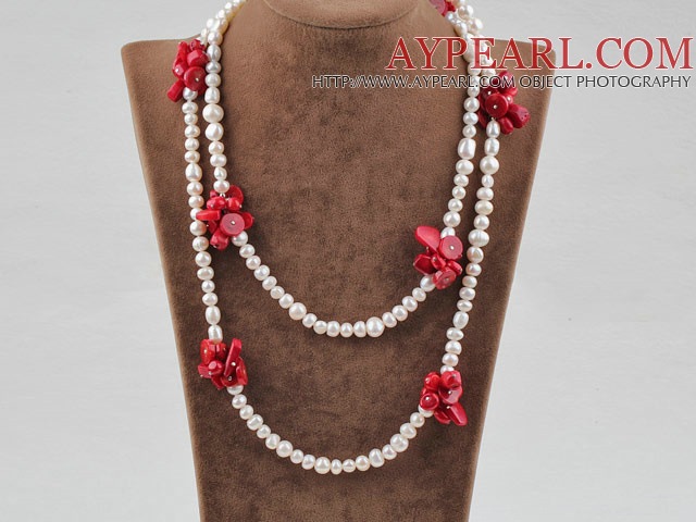white pearl and red coral long style necklace