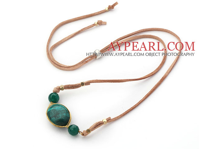 Green Series Wire Wrapped Green Turquoise and Green Agate Pendant Necklace with Brown Leather